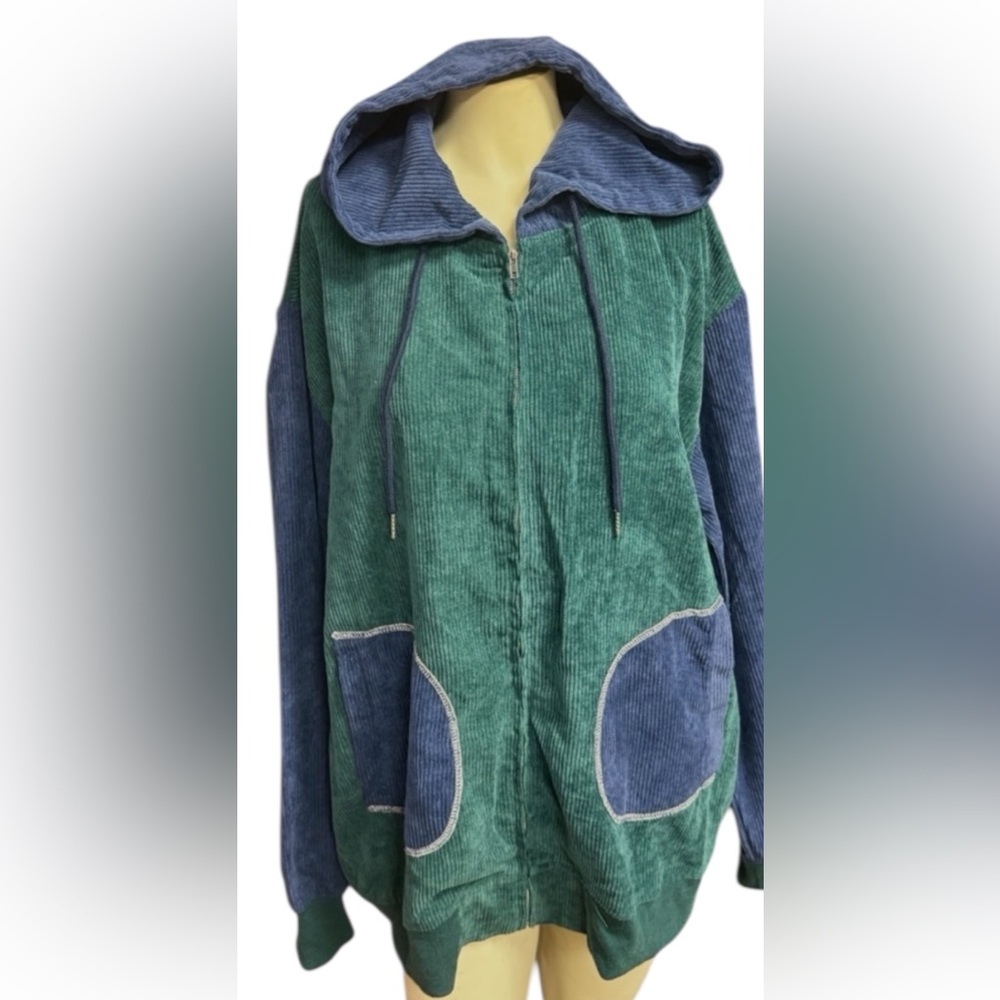 Classic fashion men’s size XL hoodie corduroy full zip front jacket navy green